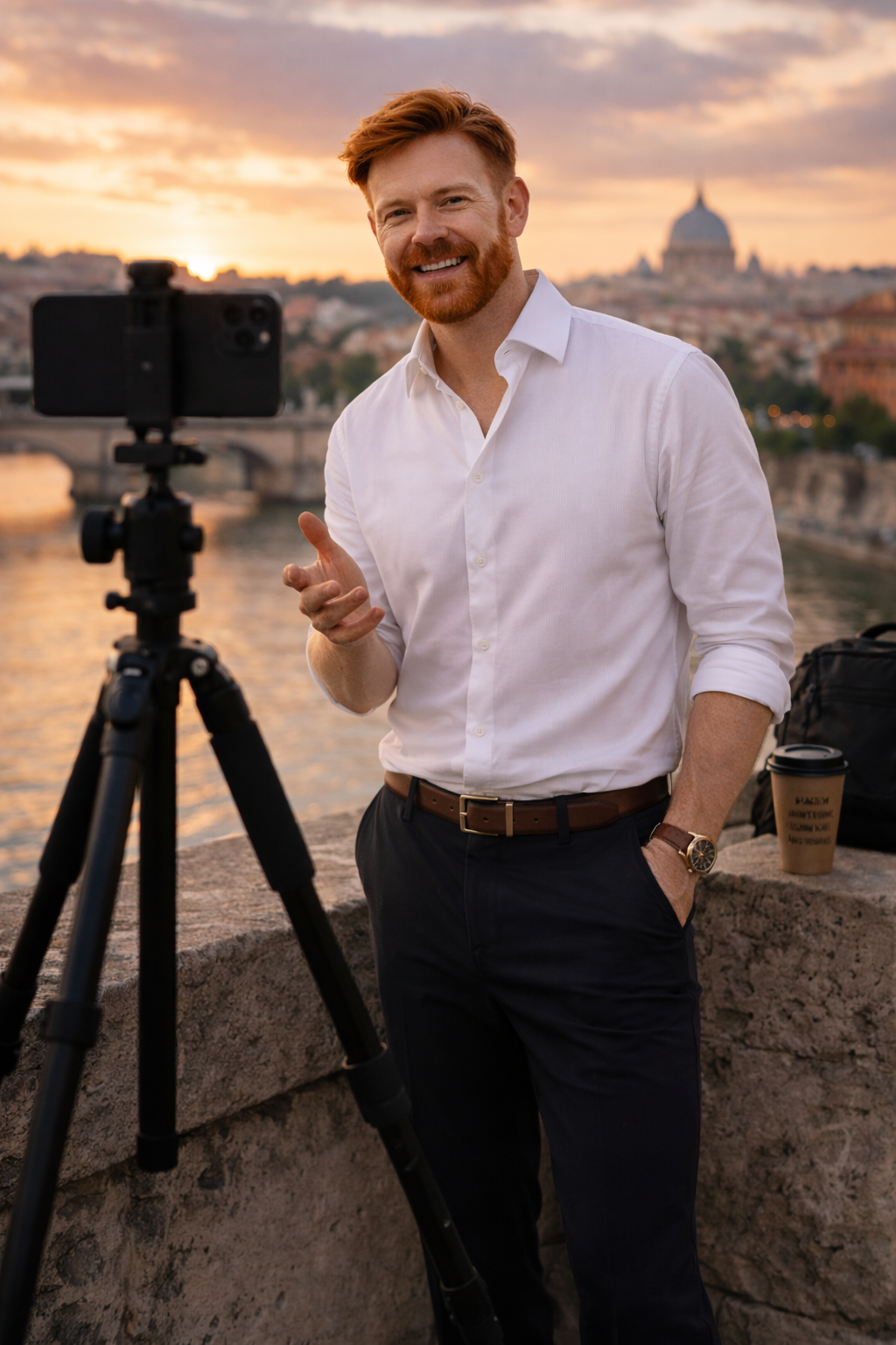 Lipe filming urban content at sunset in Rome